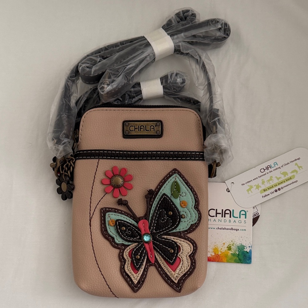 Chala Tan Crossbody with Butterfly and Flower Accents